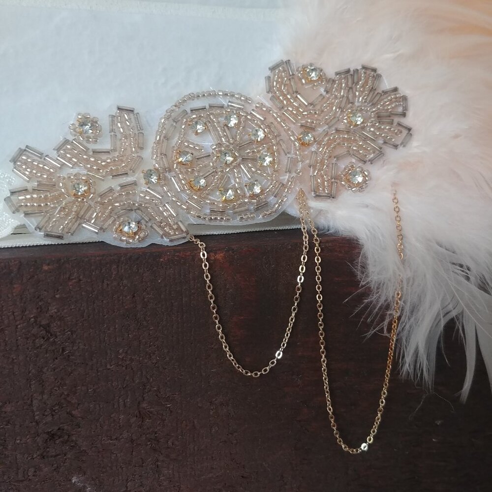 NEW handmade pink feather gold chain crystal beaded headband hair accessory